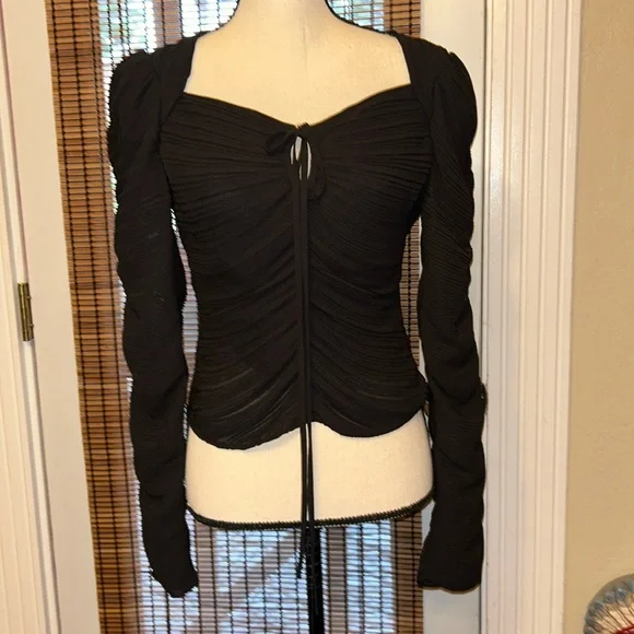 Frame Gathered Keyhole Tie Neck Top Black Size SM NWT - Picture 1 of 6